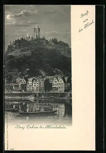 AK Cochem, Blick auf die Burg Cochem von der Mosel bei Mondschein