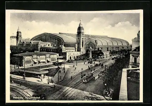 AK Hamburg-St.Georg, Strassenpartie mit Strassenbahn vor Hauptbahnhof