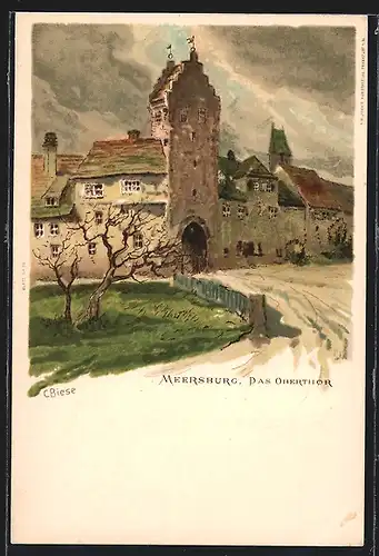 Künstler-Lithographie Carl Biese: Meersburg, Blick auf das Oberthor