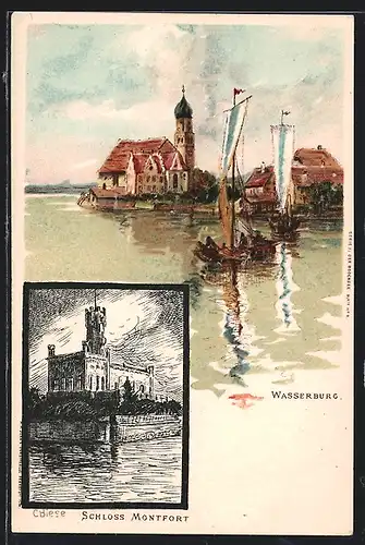 Künstler-AK C.Biese: Wasserburg, Ortsansicht mit Segelboote, Schloss Montfort