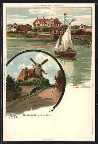 Künstler-Lithographie Carl Biese: Heikendorf, Laboe, Windmühle