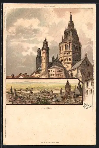 Künstler-AK Carl Biese: Mainz, Dom und Ortsansicht
