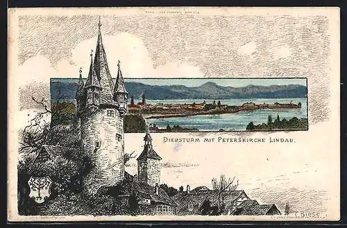 Künstler-Lithographie Carl Biese: Lindau, Diebsturm mit Peterskirche, Gesamtansicht, Wappen