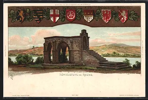 Künstler-AK Carl Biese: Königsstuhl bei Rhens, Landschaftspanorama, Wappen von Brandenburg, Böhmen und Köln