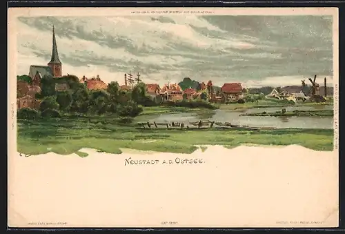 Künstler-AK Carl Biese: Neustadt, Uferpartie mit Blick zum Ort