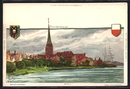 Künstler-AK Carl Biese: Travemünde, Panorama mit Segelschiff, Wappen