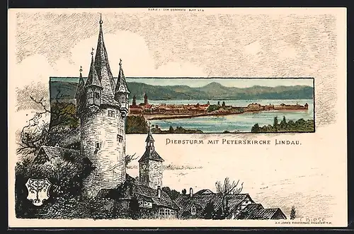 Künstler-Lithographie Carl Biese: Lindau, Diebsturm mit Peterskirche, Gesamtansicht, Wappen