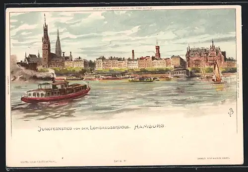 Künstler-Lithographie Carl Biese: Hamburg, Dampfer am Jungfernstieg von der Lombardsbrücke