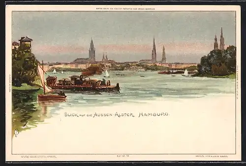 Künstler-Lithographie Carl Biese: Hamburg, Blick auf Aussen-Alster