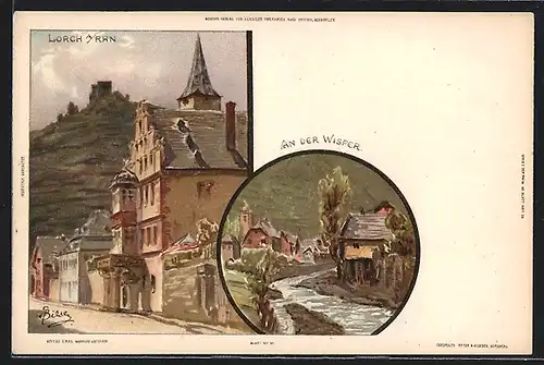 Künstler-AK Carl Biese: Lorch am Rhein, Ortspartie, Partie an der Wisper