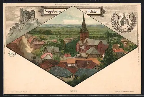 Künstler-AK Carl Biese: Segeberg in Holstein, Gesamtansicht, Burg, Wappen