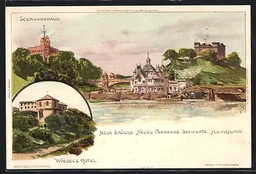 Künstler-AK Carl Biese: Hamburg, Wiezel`s Hotel, Neue Brücke, Neues Fährhaus, Seewarte, Seemannshaus