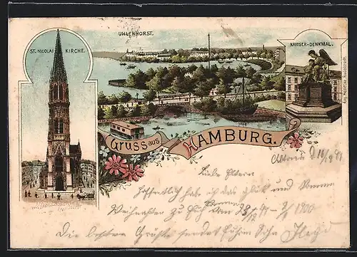 Lithographie Hamburg-Uhlenhorst, St. Nicolaikirche und Krieger-Denkmal