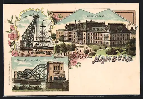 Lithographie Hamburg-Neustadt, Riesen Kran, Eisenbahn Elb-Brücke, Justiz-Gebäude