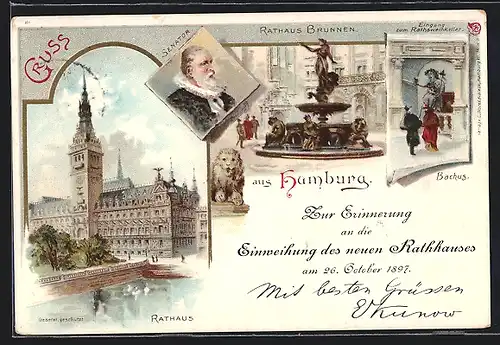 Lithographie Hamburg, Erinng. an die Einweihung des neuen Rathauses 1897, Rathaus, Brunnen, Eingang zum Rathsweinkeller