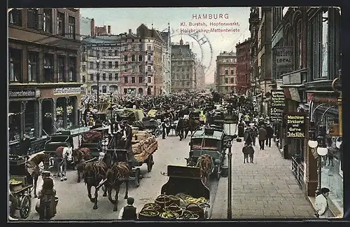 AK Hamburg, Strasse Kl. Burstah mit Geschäften, Hopfenmarkt, Holzbrücke u. Mattentwiete