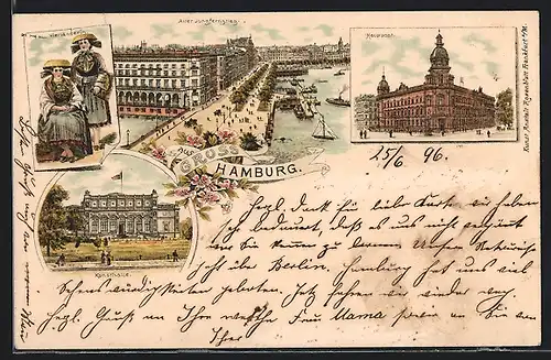 Lithographie Hamburg-Neustadt, Hauptpost, Alter Jungfernstieg, Vierländerin in Tracht