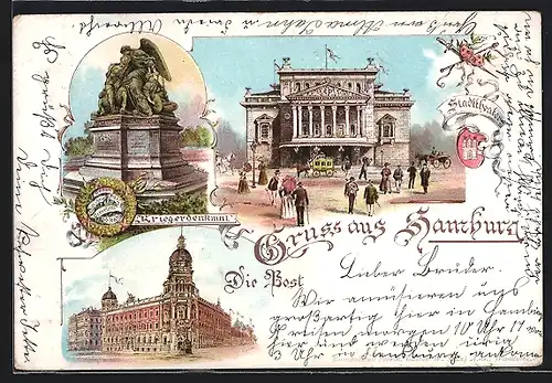 Lithographie Hamburg-St.Georg, Stadttheater mit Passanten, Post, Kriegerdenkmal, Wappen
