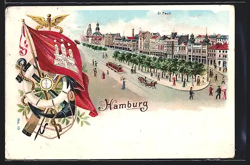 Lithographie Hamburg-St.Pauli, Blick auf St. Pauli, Strassenbahn und Flagge, Anker