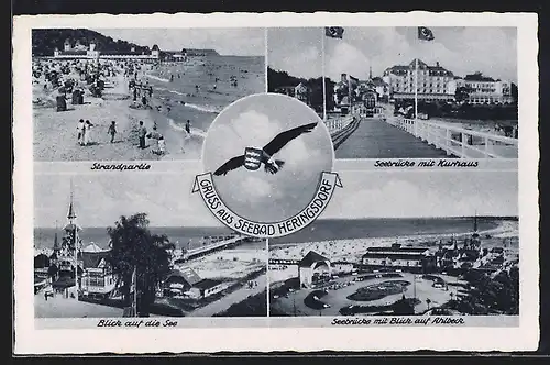 AK Heringsdorf, Seebrücke mit Blick auf Ahlbeck, Kurhaus und Strandpartie, 