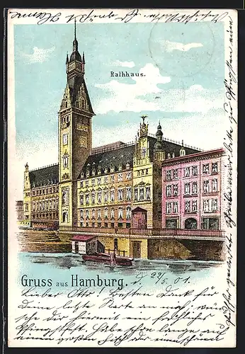 Lithographie Hamburg, Rathaus, vom Wasser gesehen