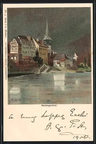 Künstler-AK Carl Biese: Neckargemünd, Blick vom Neckar zum Kirchturm