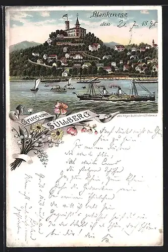 Vorläufer-AK Hamburg-Blankenese, 1895, Gruss vom Süllberg, Elbpartie mit Dampfschiff