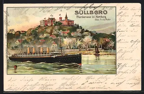 Lithographie Hamburg-Blankenese, Blick auf den Süllberg vom Wasser aus, mit Dampfschiff