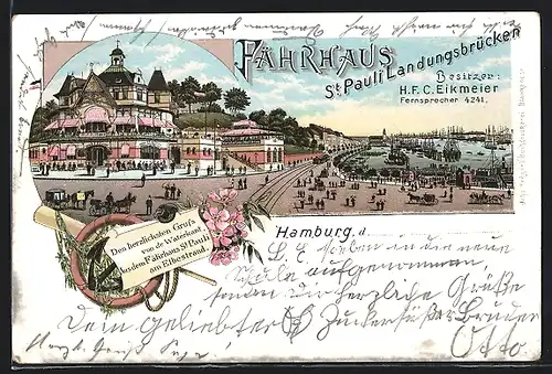 Lithographie Hamburg-St. Pauli, Gastwirtschaft Fährhaus an den Landungsbrücken, Bes. H. F. C. Eikmeier