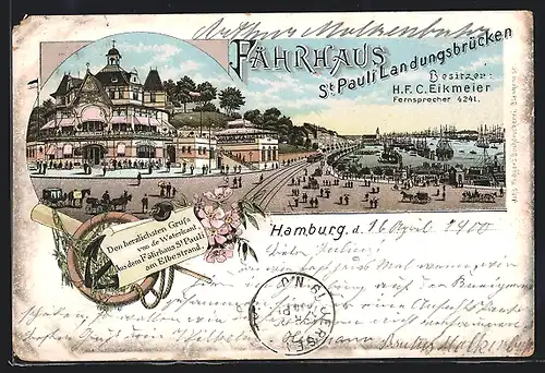 Lithographie Hamburg-St. Pauli, Gastwirtschaft Fährhaus an den Landungsbrücken, Bes. H. F. C. Eikmeier