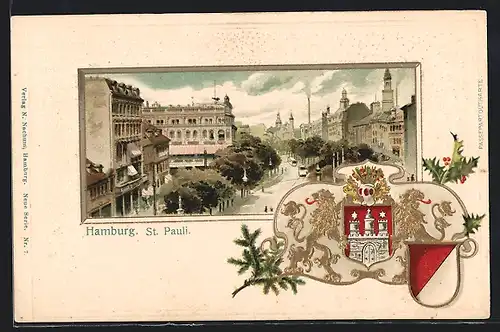 Passepartout-Lithographie Hamburg-St. Pauli, Teilansicht mit Strasse aus der Vogelschau, Wappen