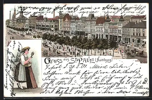 Lithographie Hamburg-St.Pauli, Ortspartie mit Strassenbahn und Ernst Drucker-Theater aus der Vogelschau, Frau in Tracht