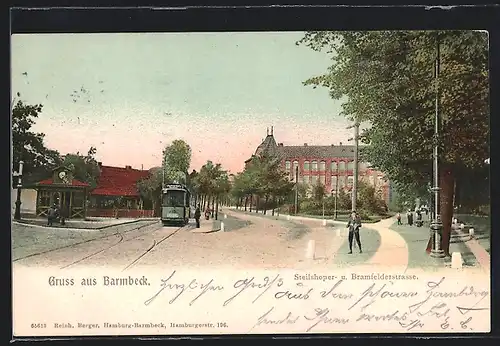 AK Hamburg-Barmbek, Steilshoper- und Bramfelderstrasse mit Strassenbahn