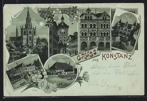 Mondschein-Lithographie Konstanz, Inselhotel, Schnetzthor mit Hussenhaus und Consiliumsgebäude