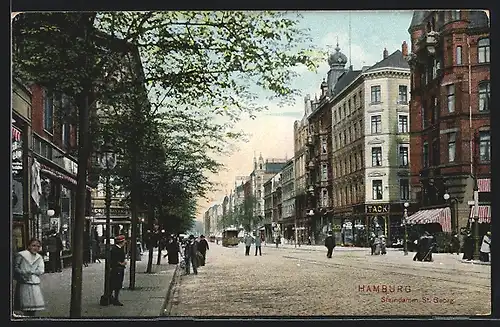 AK Hamburg-St. Georg, Strasse Steindamm mit Geschäften und Strassenbahn