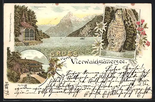 Lithographie Seelisberg, Tellskapelle, Rütli, Schillerstein