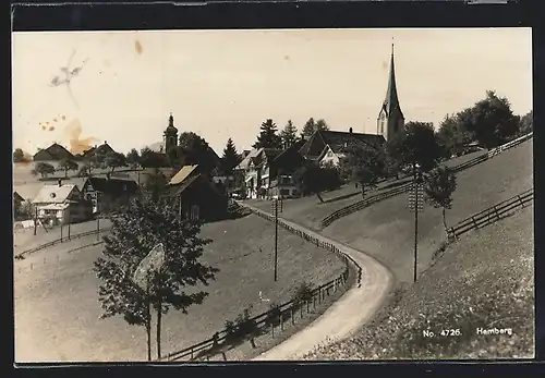 AK Hemberg, Ortspanorama mit Eingangstrasse und Kirchen