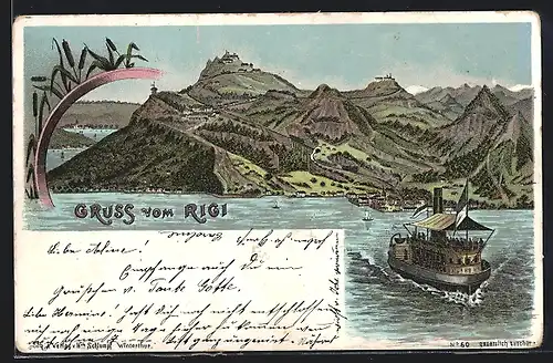 Lithographie Rigi, Blick über den See gen Berg Rigi