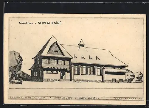 Künstler-AK Novy Knin, Sokolovna, Perspektivni pohled na Sokolovnu