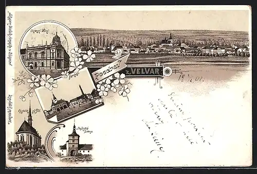 Lithographie Velvary, Okresni dum, Namesti, Kostel
