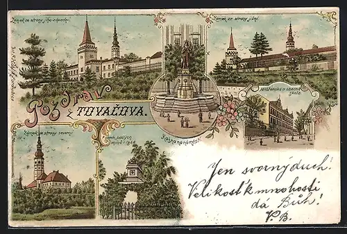 Lithographie Tovacov, Mesfanska a obecna skola, Zamek ze strany jizny, Kasna na namesti