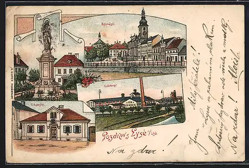 Lithographie Lysá nad Labem, Námestí, C. k. poste, Cukrovar