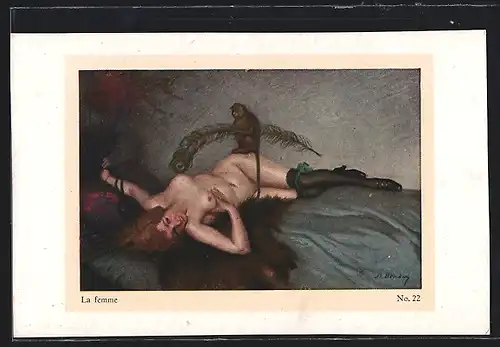 Künstler-AK St. Bender: Damenakt in verführerischer Pose mit Äffchen auf einem Bett