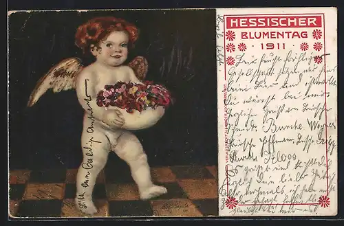AK Hessen, Blumentag 1911, Kleiner Engel mit Blumenstrauss