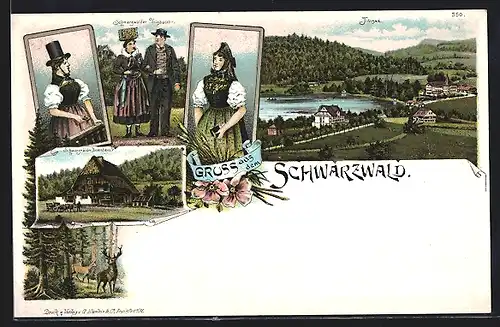 Lithographie Titisee, Ortsansicht, Schwarzwälder Bauernhaus, Frauen in Tracht