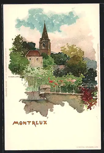 Künstler-AK Montreux, Ortspartie mit Kirche
