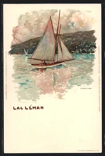 Künstler-AK Fritz Voellmy: Lac Leman, Landschaft am See mit Segelboot