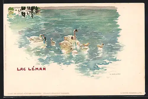 Künstler-AK Fritz Voellmy: Lac Leman, Schwanenfamilie auf dem See