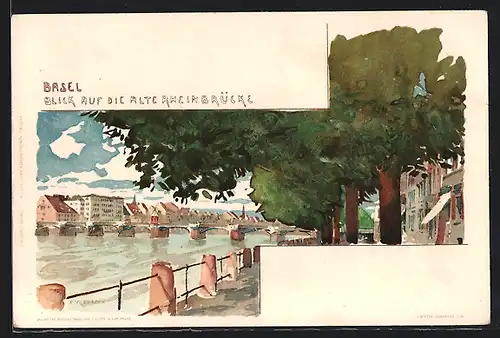 Künstler-AK Basel, Blick auf die alte Rheinbrücke