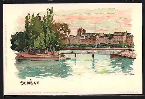 Künstler-Lithographie Fritz Voellmy: Genève, Teilansicht der Orstchaft